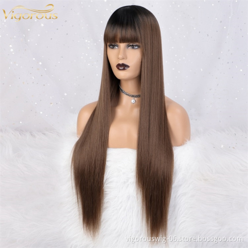 Vigorous Wholesale Price Long Silky Straight Wig With Bangs Ombre Brown Heat Resistant Fiber Synthetic Hair Frontal Lace Wigs